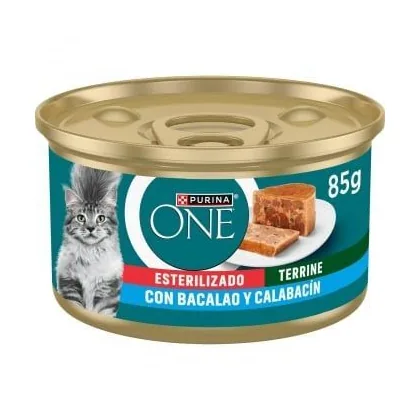 Purina One sterilized wet cod and zucchini cat food, 85g can.