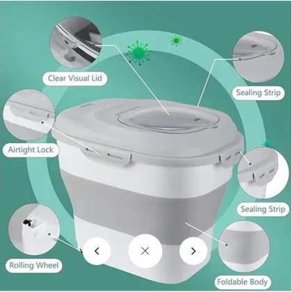 Pliable Crokett Container, 25L** - **Capacity:** 25L - **Features:** - Clear Visual Lid - Airtight Lock - Sealing Strip - Rolling Wheel - Foldable Body